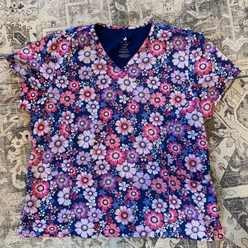 Spring is in the Air Floral V-Neck Silky Scrub Top 2X
